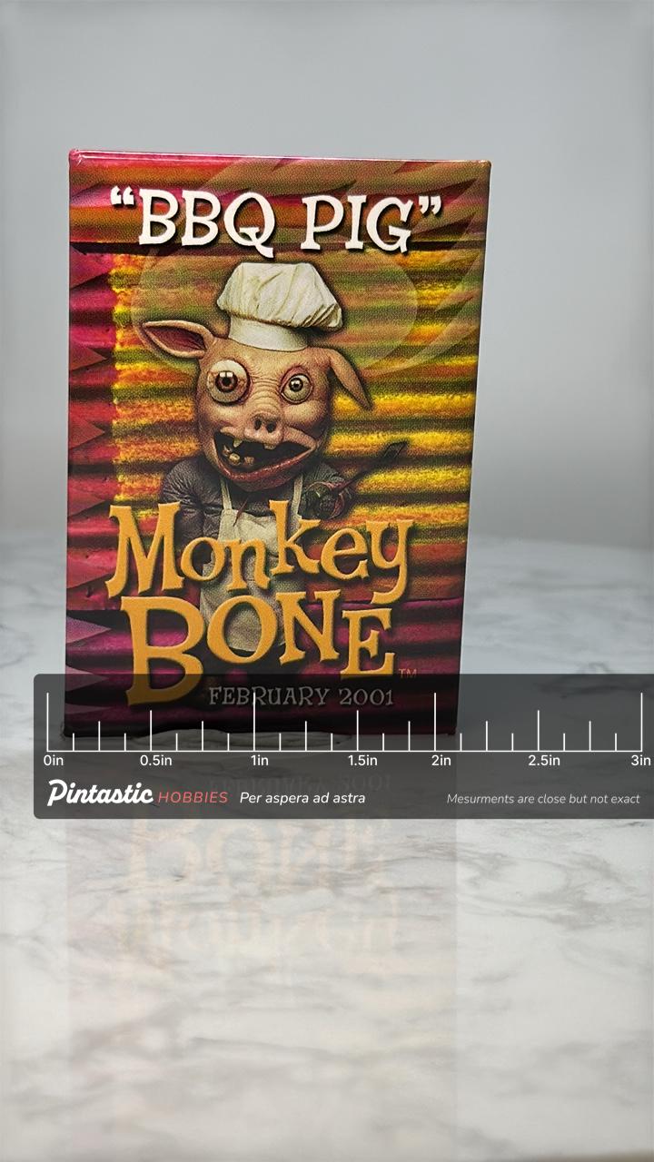 Vintage BBQ Pig Button Pin: Glossy Color - 2001 Movie Accessory with ruler overlay for size reference