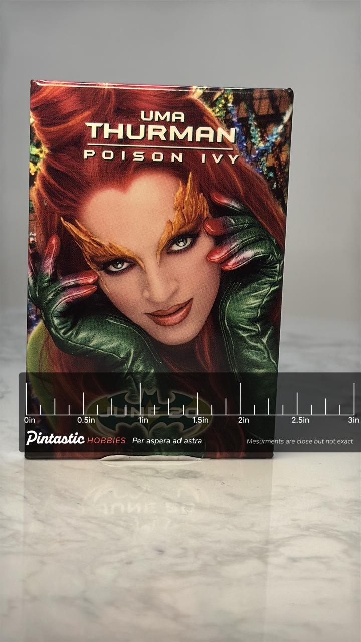 Vintage Poison Ivy Movie Pin: Glossy Promo - 1997 Batman Film with ruler overlay for size reference