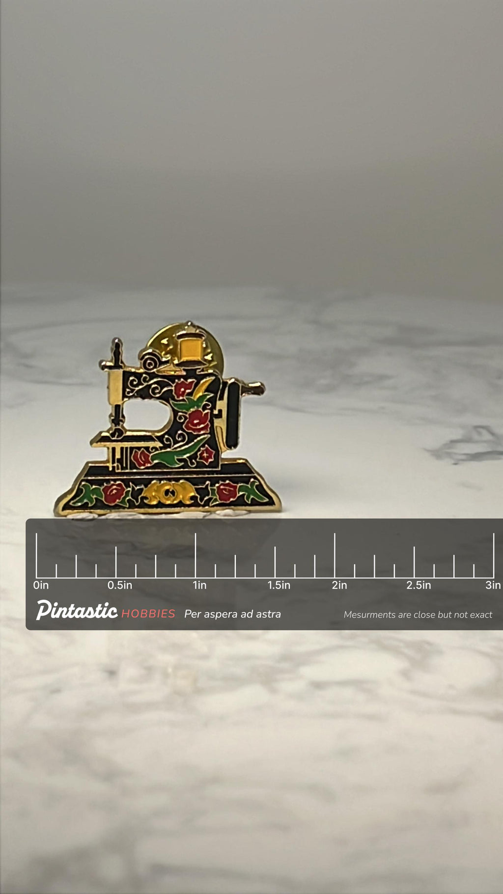 Vintage Sewing Machine Enamel Pin: Gold Tone Floral - Craft Accessory with ruler overlay for size reference