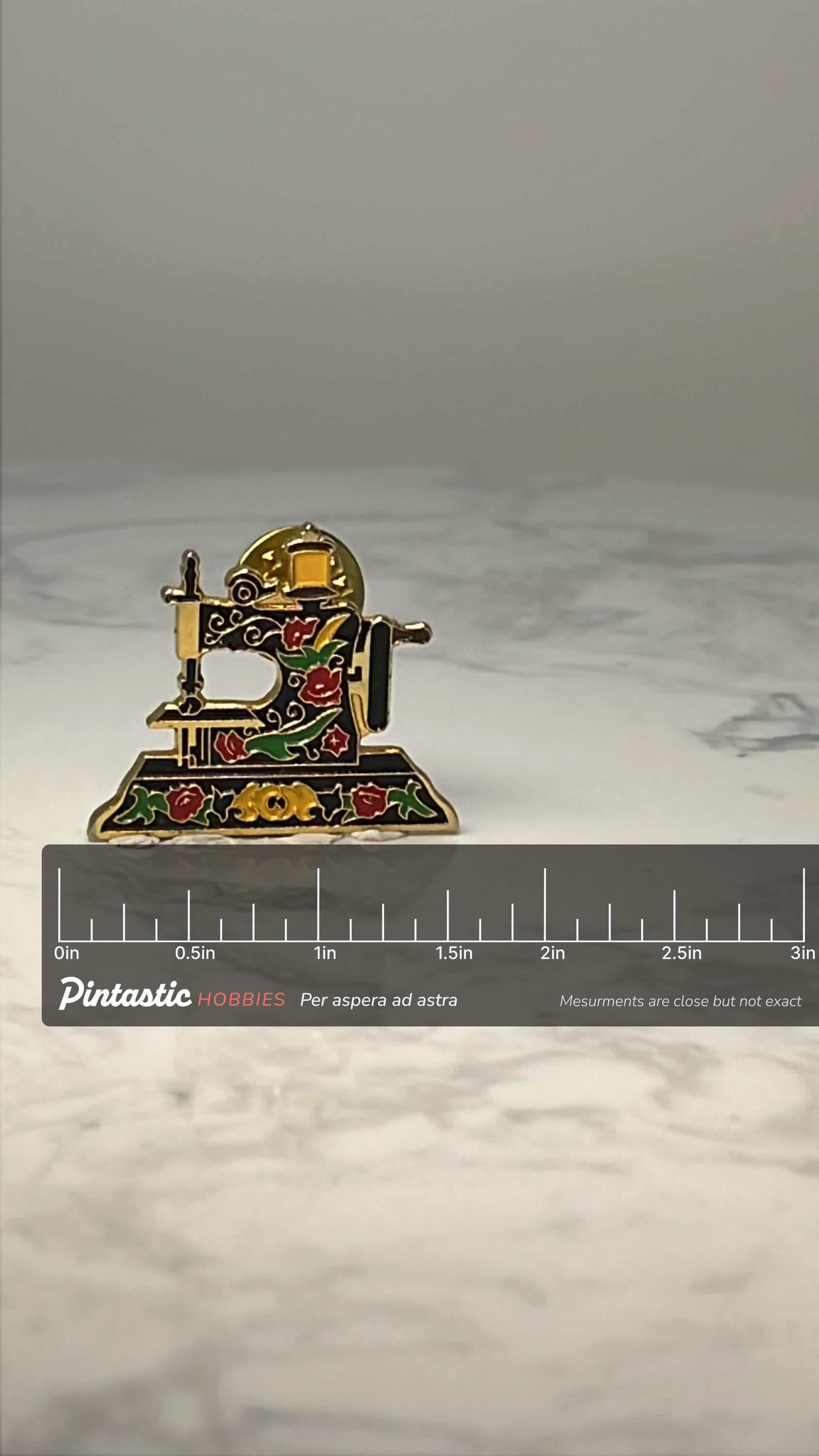 Vintage Sewing Machine Enamel Pin: Gold Tone Floral - Craft Accessory with ruler overlay for size reference
