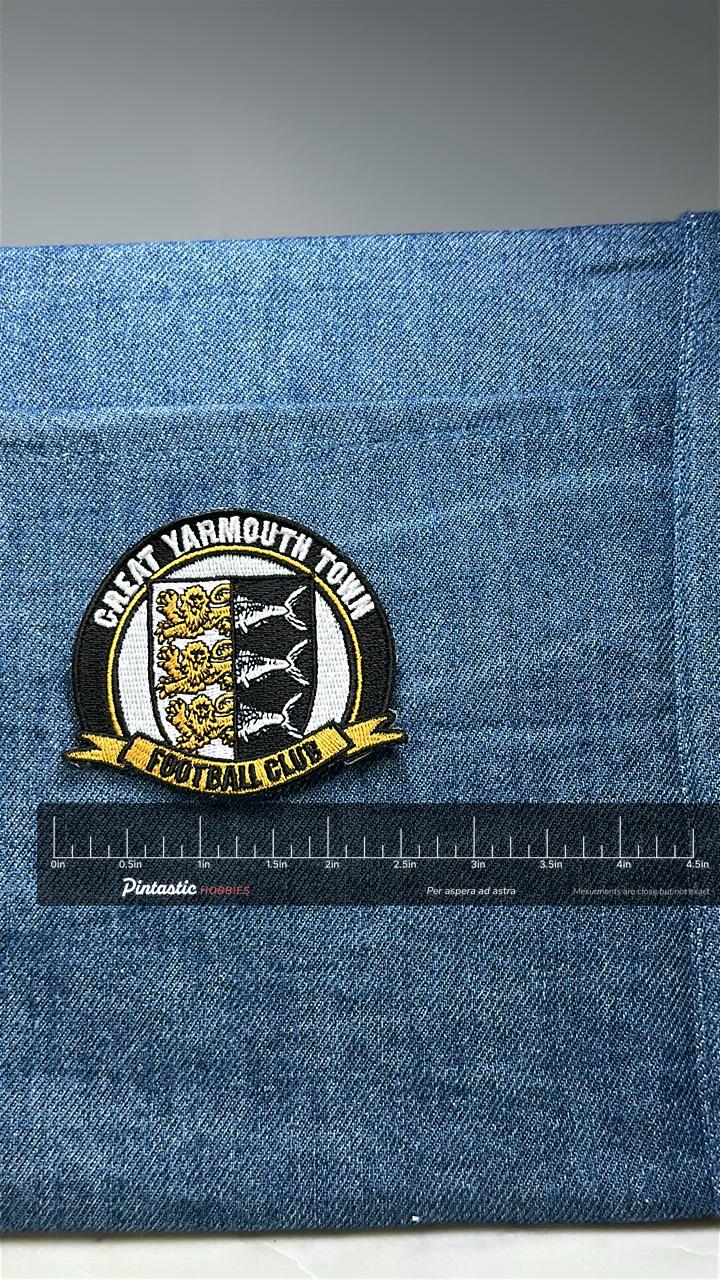 Great Yarmouth Town Patch: Black Gold Crest - Football Club Accessory with ruler overlay for size reference