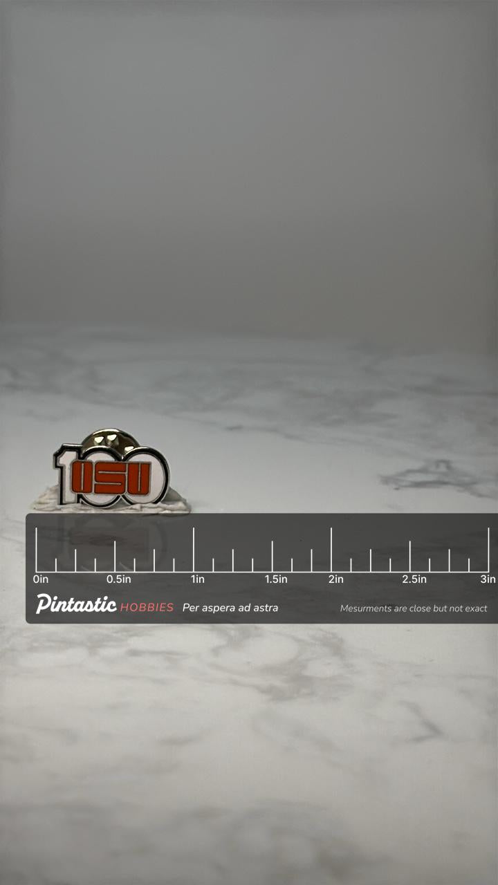 Vintage Oaklahoma State University 100 Lapel Pin: Red Enamel Centennial Accessory with ruler overlay for size reference