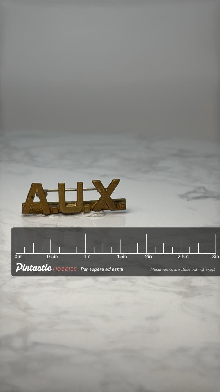 Vintage Aux Letter Lapel Pin: Gold Tone Metal - Retro Accessory with ruler overlay for size reference