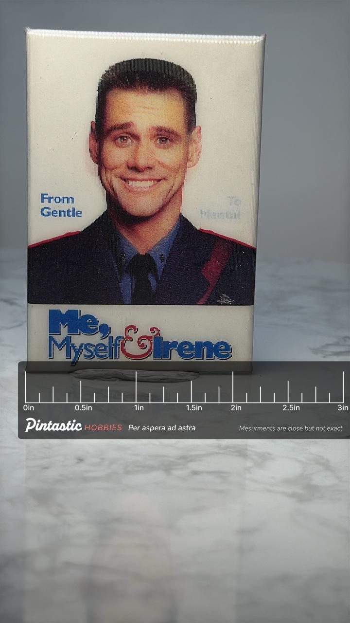 Vintage Me Myself and Irene Movie Pin: Glossy - 2000s Film Accessory with ruler overlay for size reference