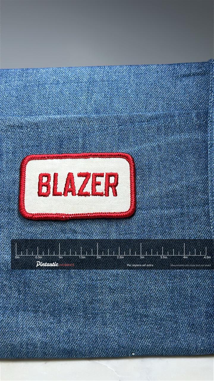 Blazer Patch: Red & White Name - Uniform Accessory with ruler overlay for size reference