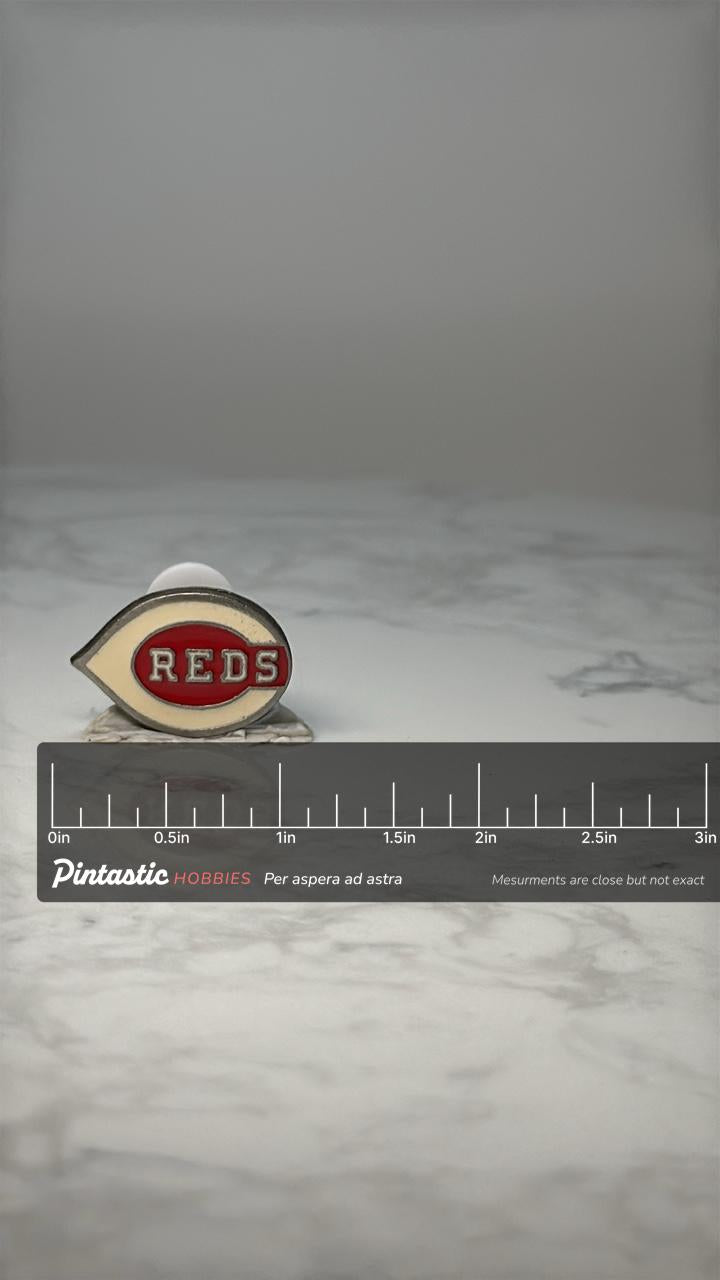 Vintage Cincinnati Reds Enamel Pin: Red & White - MLB Baseball Accessory with ruler overlay for size reference