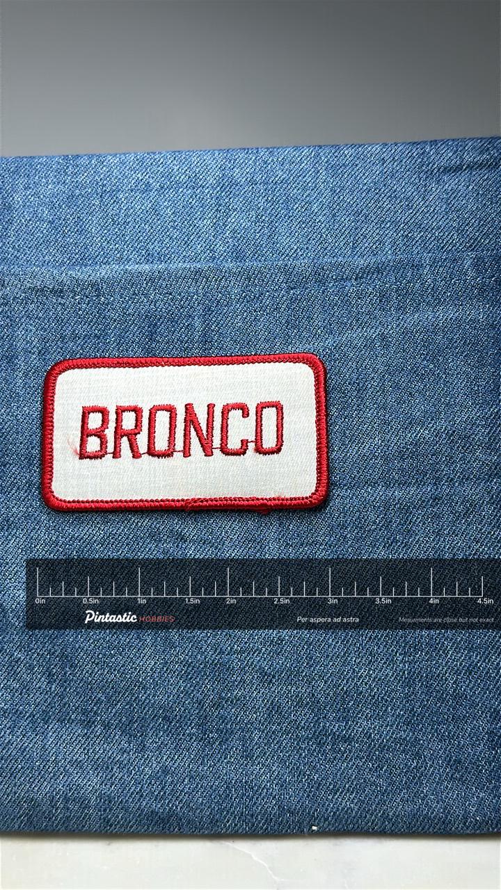 Bronco Patch: Red and White Name - Classic Ford Accessory with ruler overlay for size reference