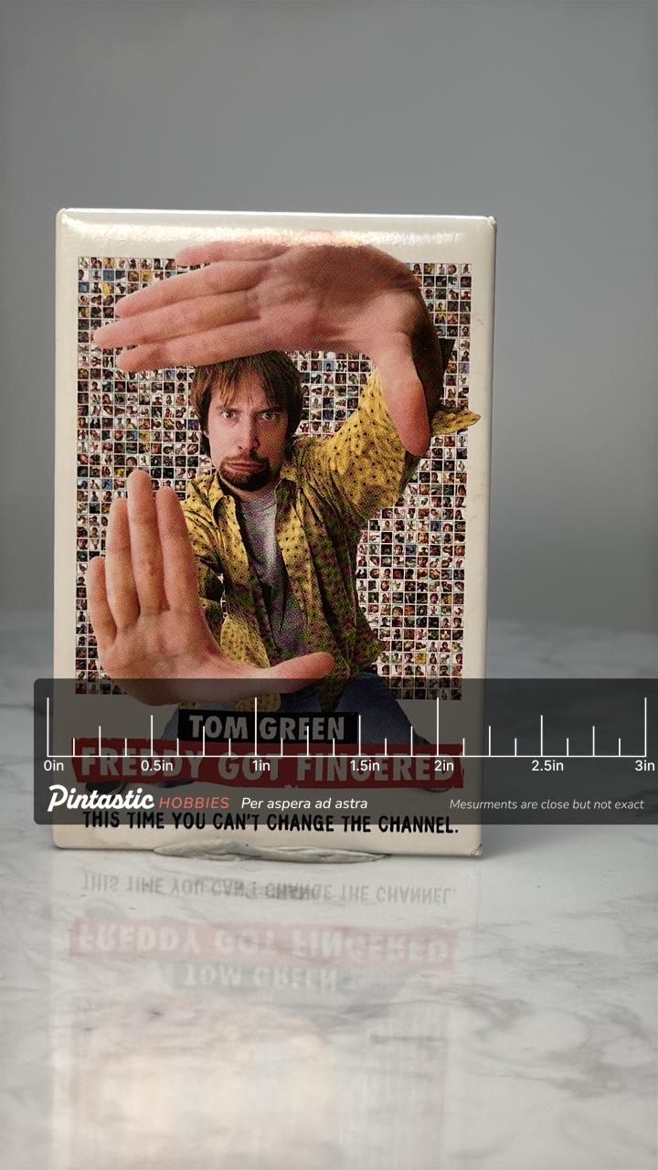 Vintage Freddy Got Fingered Pin: Color Enamel - 2000s Comedy with ruler overlay for size reference