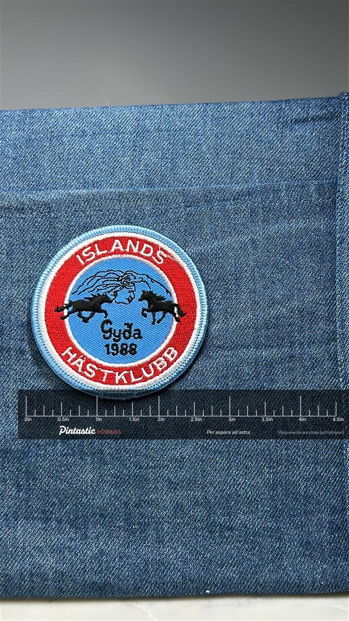 Sweedish Hästklubb Horse Club Patch: Blue Red Circle - 1988 Equestrian Accessory with ruler overlay for size reference