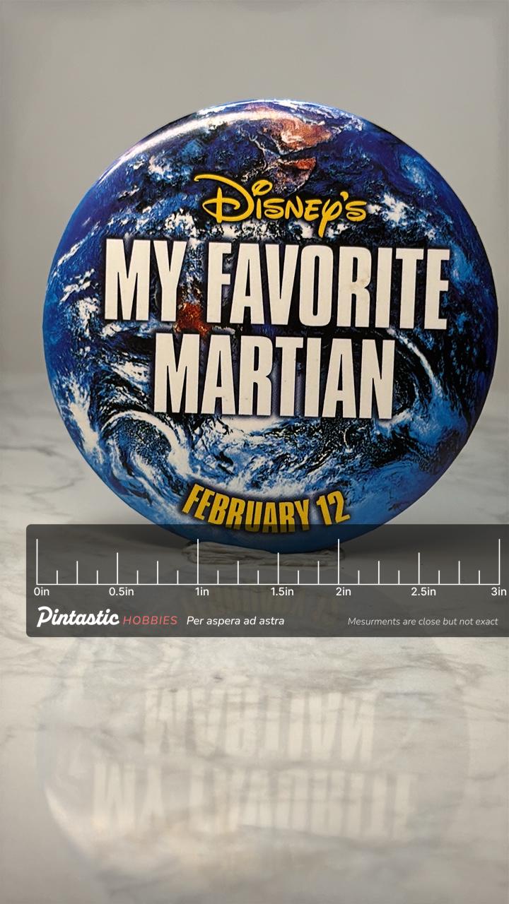 Vintage Disney My Favorite Martian Pin: Blue Earth Promo - 1990s with ruler overlay for size reference