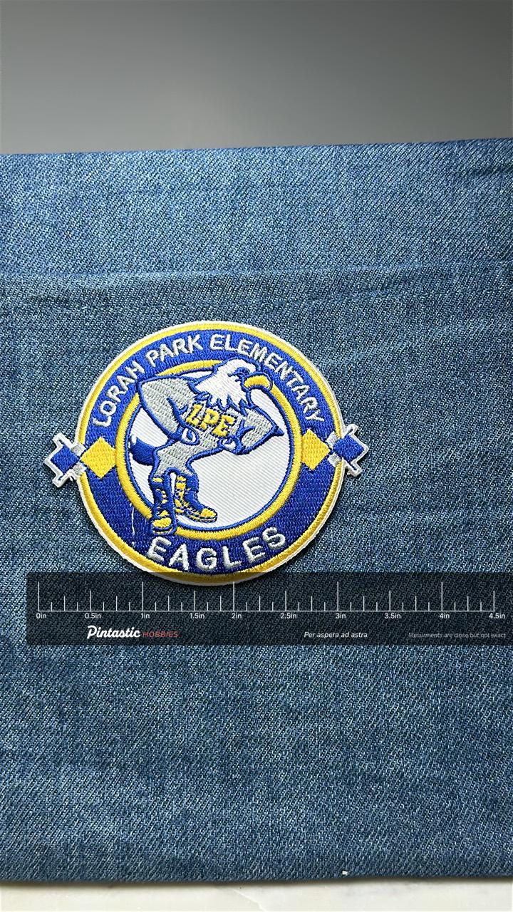 Lorah Park Elementary Patch: Blue Yellow Eagle - School Accessory with ruler overlay for size reference
