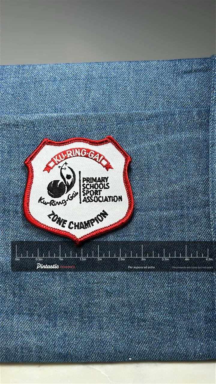 Kuringgai Primary Schools Sport Association Patch Zone Champion Australia School Patch with ruler overlay for size reference