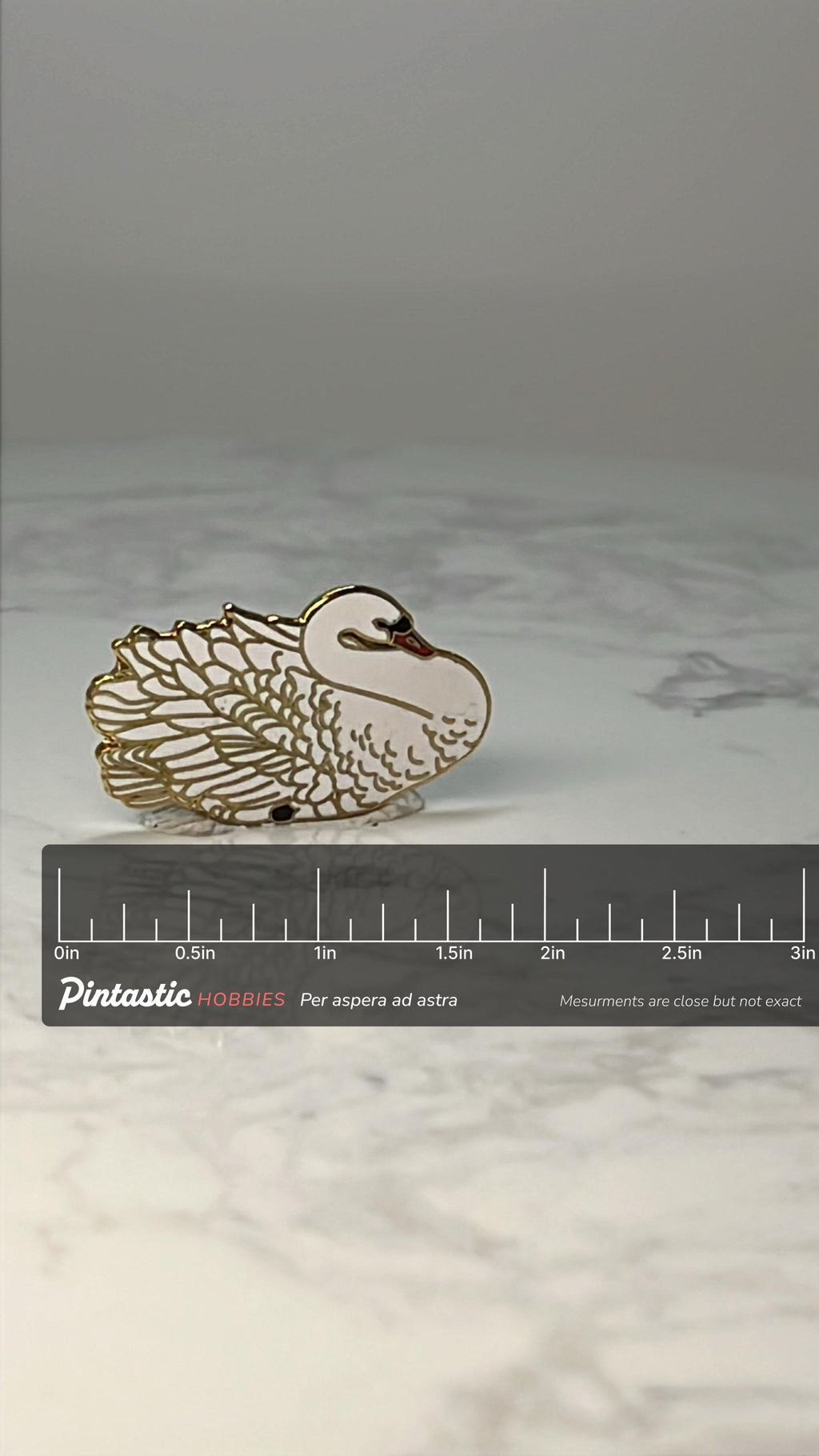 Vintage Swan Enamel Pin: White & Gold Tone - Nature Accessory with ruler overlay for size reference
