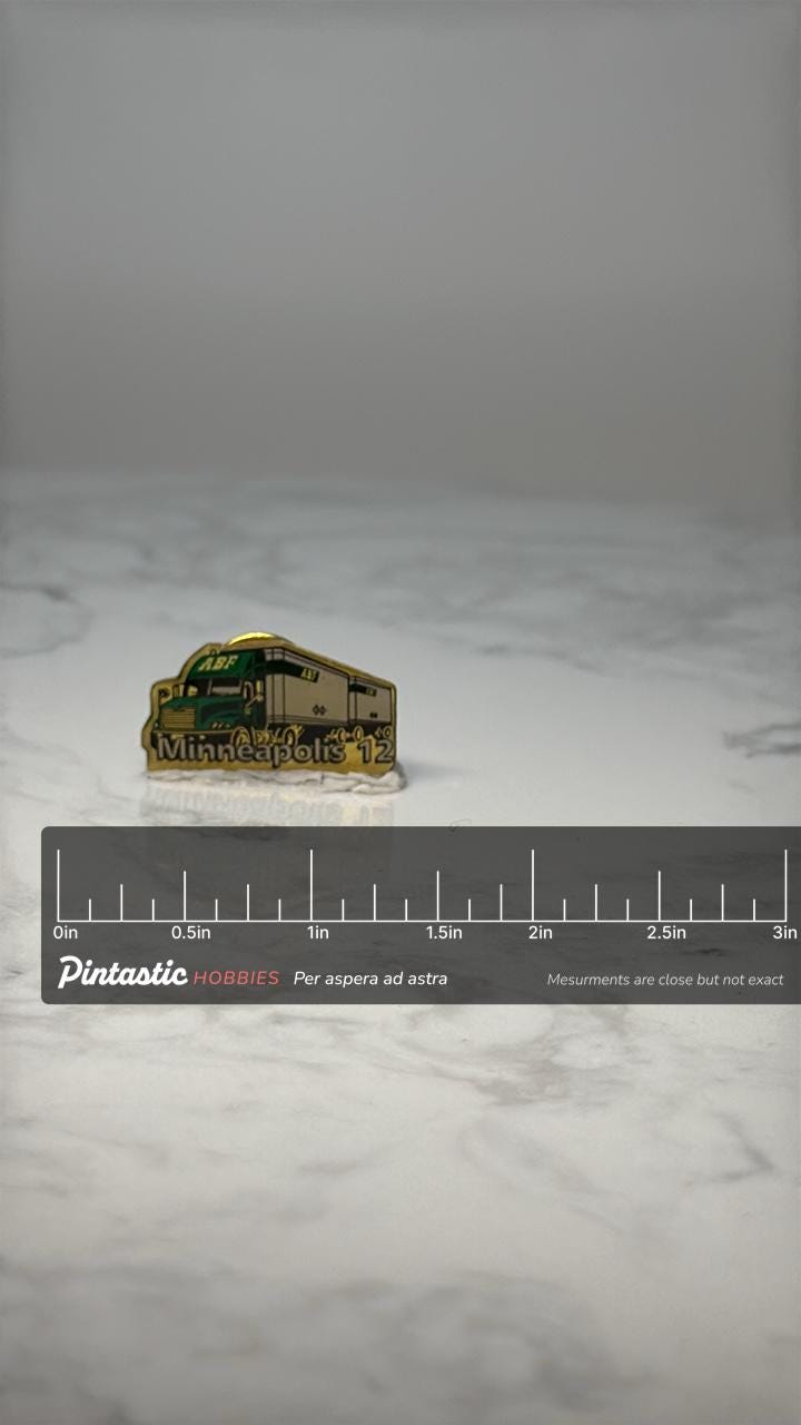 Vintage ABF Freight Truck Pin: Green Enamel - Minneapolis 12 Accessory with ruler overlay for size reference