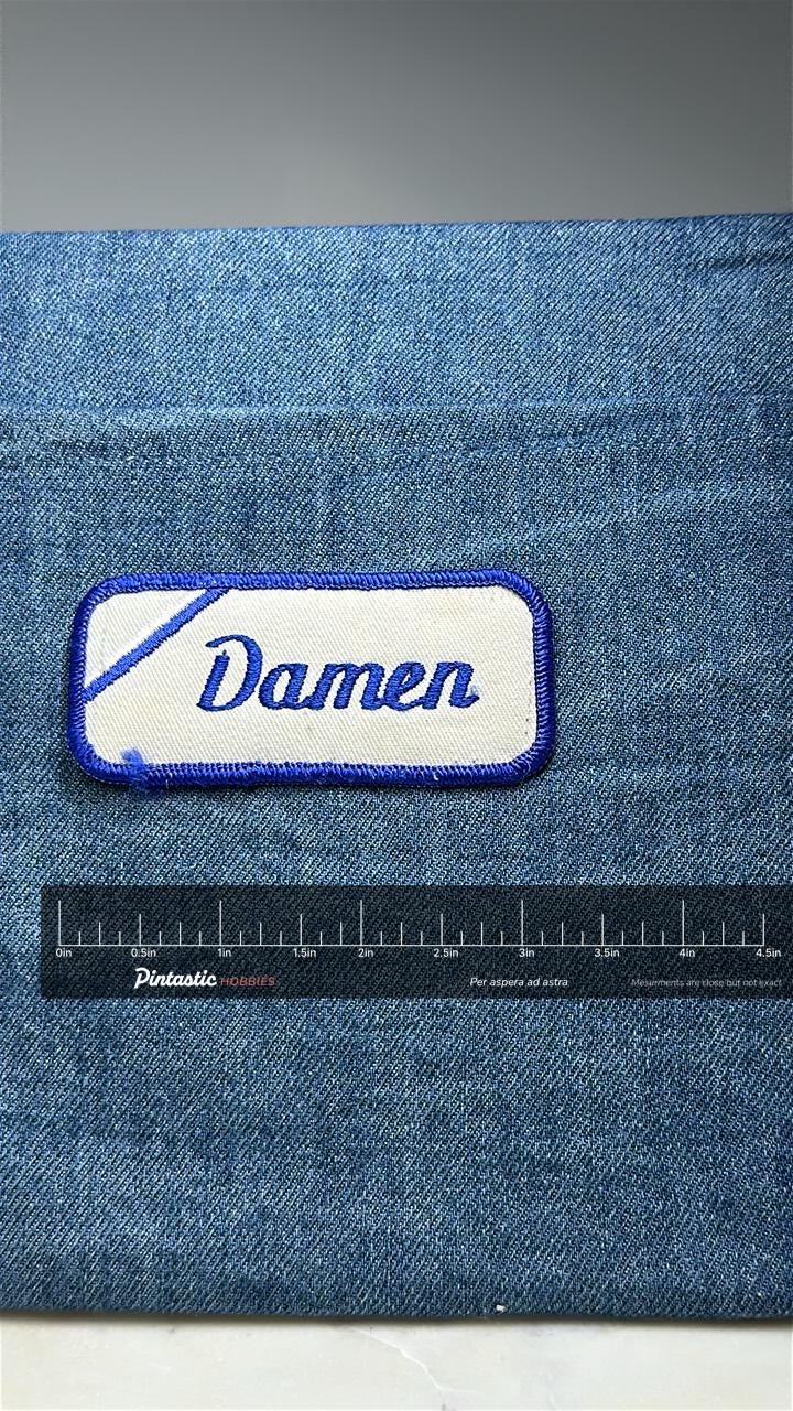 Damen Name Patch: Blue Script on White - Vintage Workwear Accessory with ruler overlay for size reference