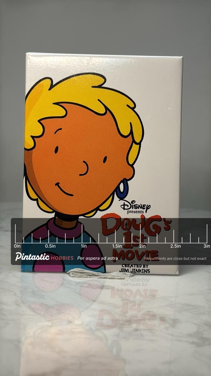Vintage Disney Doug Character Pin: Colorful Enamel - 1990s Cartoon Accessory with ruler overlay for size reference