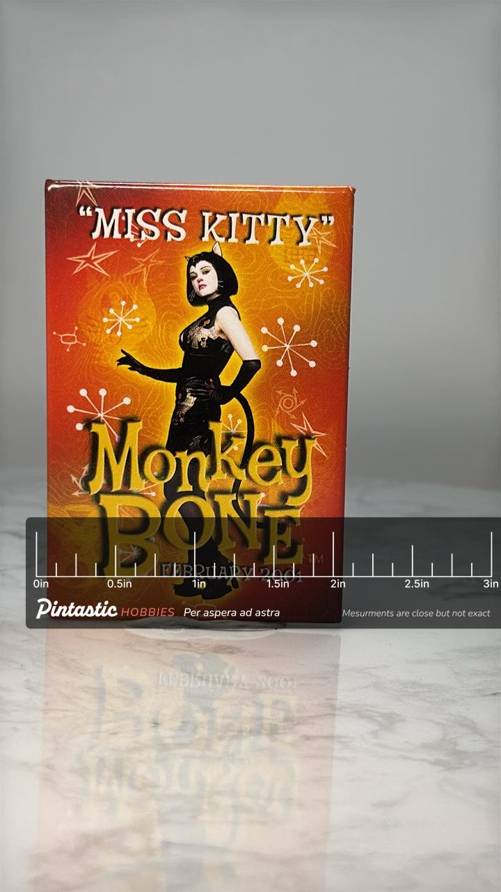Vintage Miss Kitty Button Pin: Glossy Promo - 2001 Film Accessory with ruler overlay for size reference