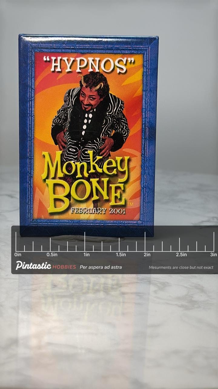 Vintage Monkeybone Movie Pin: Blue Frame Design - 2001 Film Promo with ruler overlay for size reference