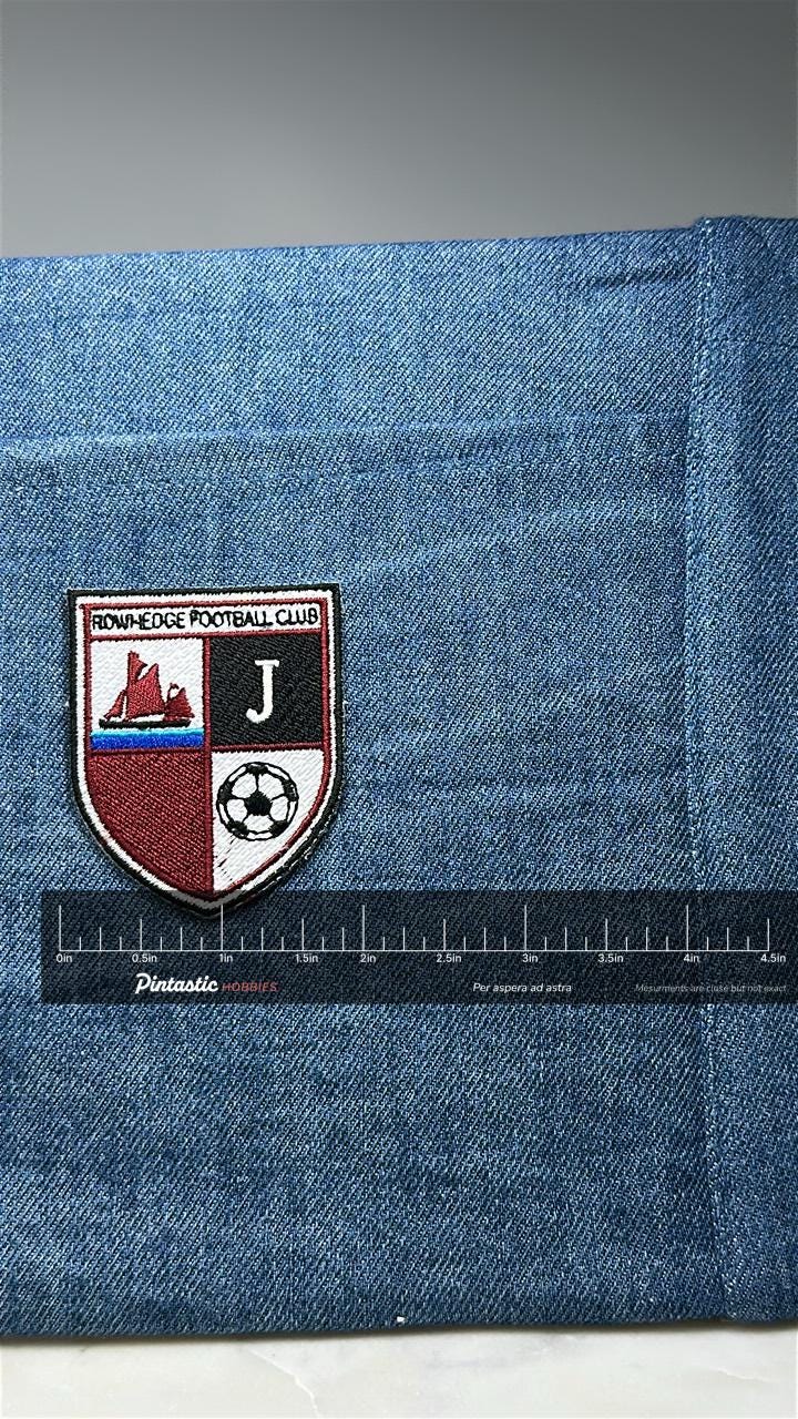 Rowhedge Junior Football Club Patch: Red Shield - Soccer Accessory with ruler overlay for size reference