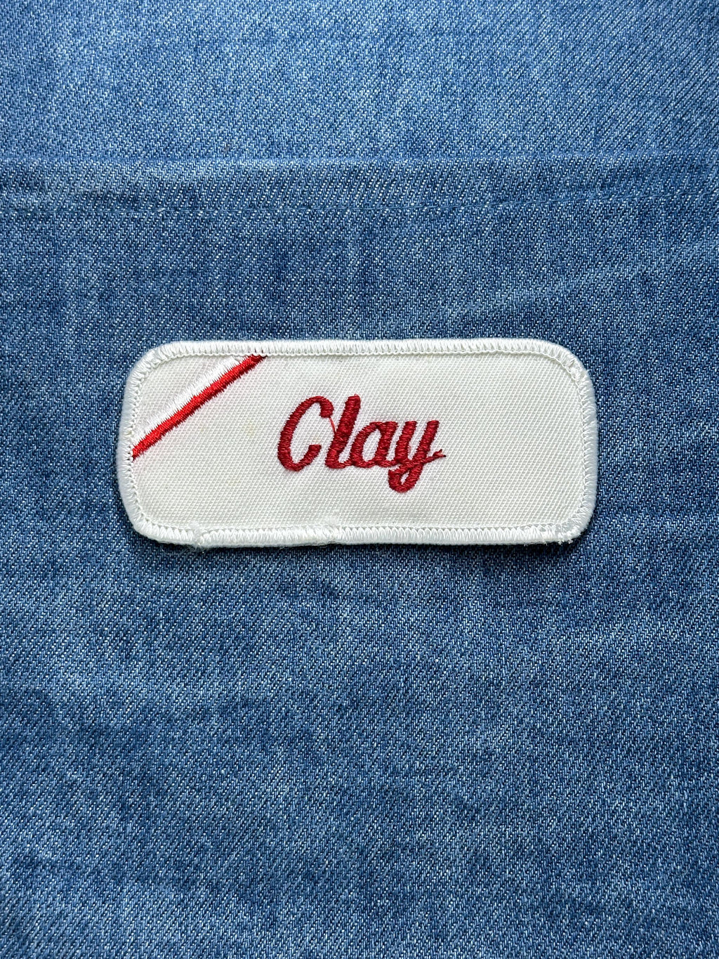 Clay Name Patch: Red Script on White - Vintage Uniform Accessory