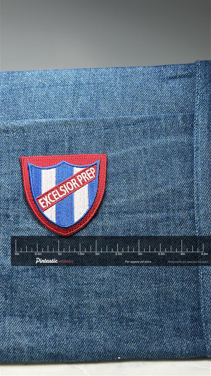 Excelsior Prep Patch: Red Blue Shield - School Accessory with ruler overlay for size reference
