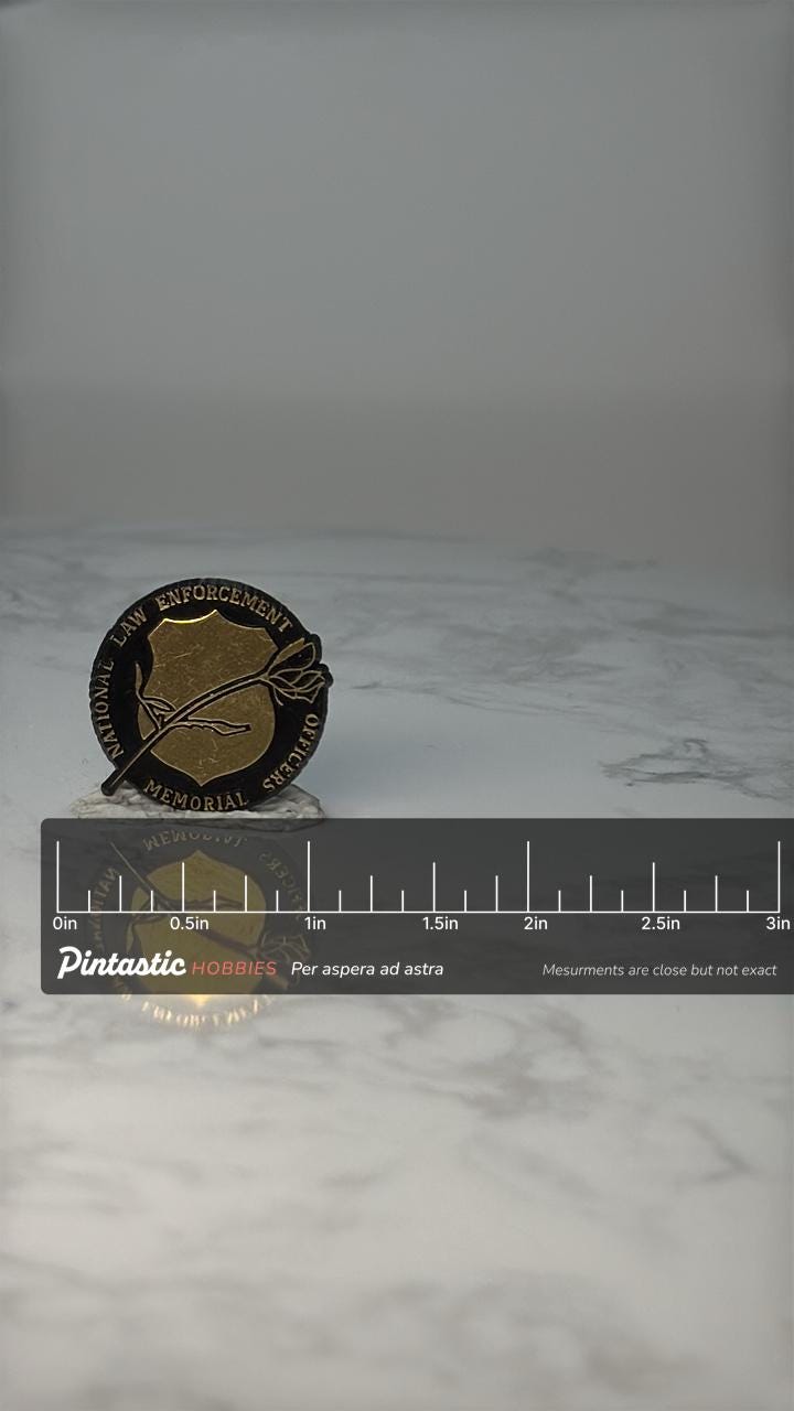 Vintage National Law Enforcement Memorial Officers Gold Tone Pin - Patriotic Accessory with ruler overlay for size reference