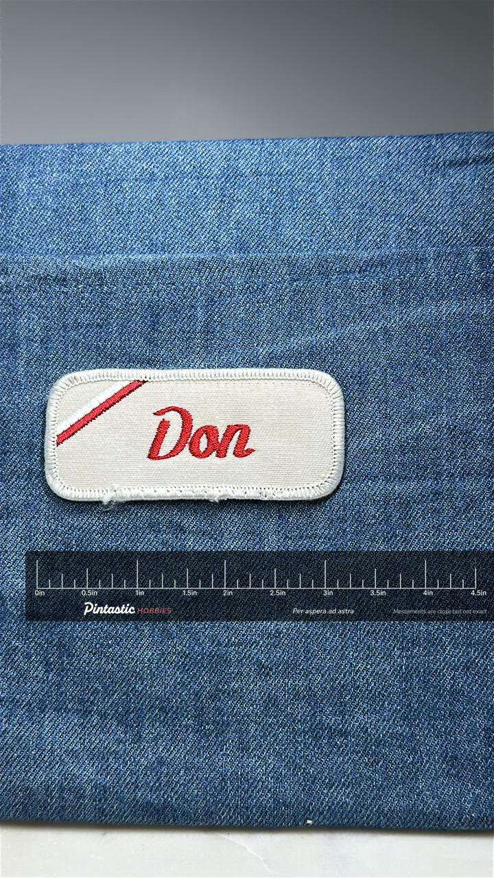 Don Name Patch: Red Script on White - Vintage Uniform Accessory with ruler overlay for size reference