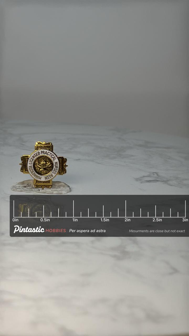 Vintage MN Licensed Practical Nurse Pin: Gold & White - Medical with ruler overlay for size reference