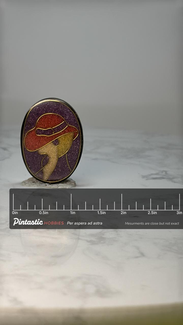 Vintage Fashion Lady Profile Enamel Pin: Gold Tone - 1980s Accessory with ruler overlay for size reference