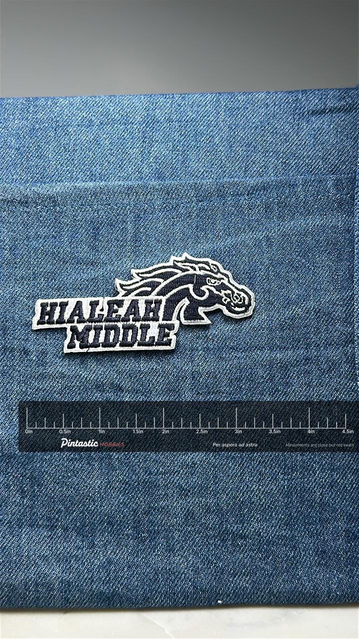 Hialeah Middle School Patch Mustang Logo: Black and White - School Patch with ruler overlay for size reference