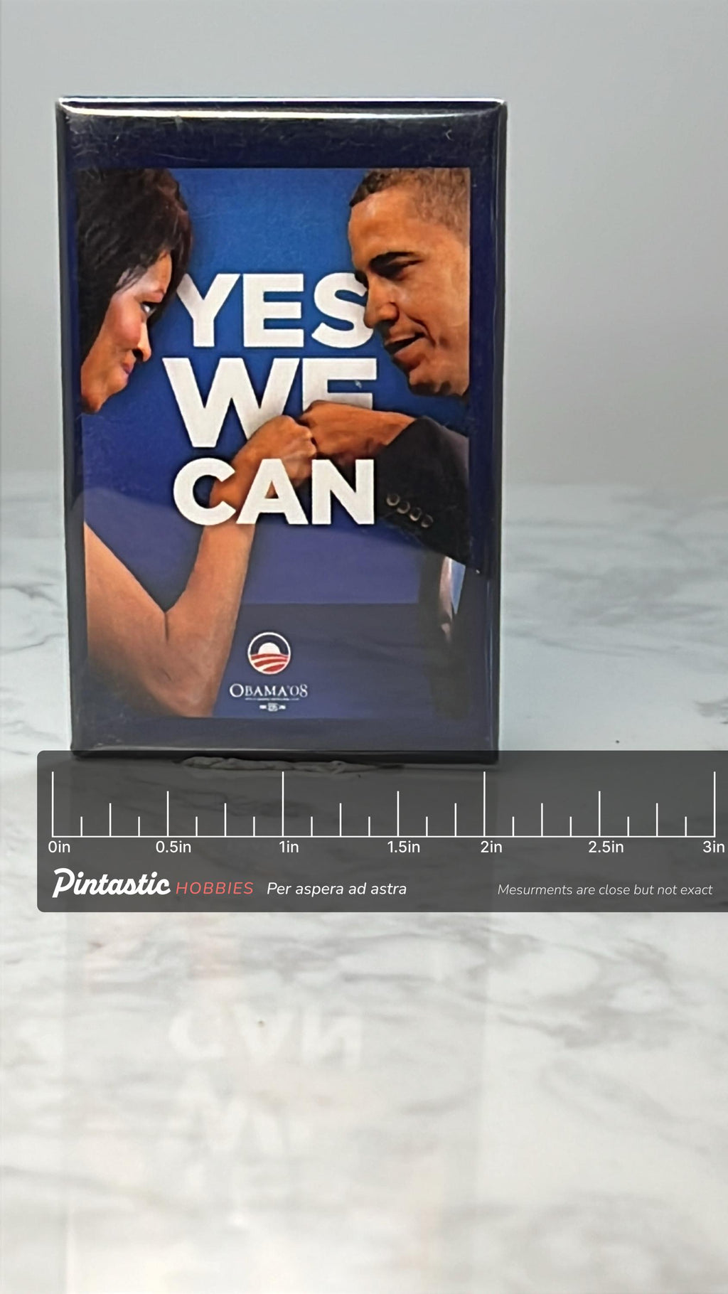Vintage 2008 Obama Yes We Can Campaign Pin: Blue Photo - Political Accessory with ruler overlay for size reference
