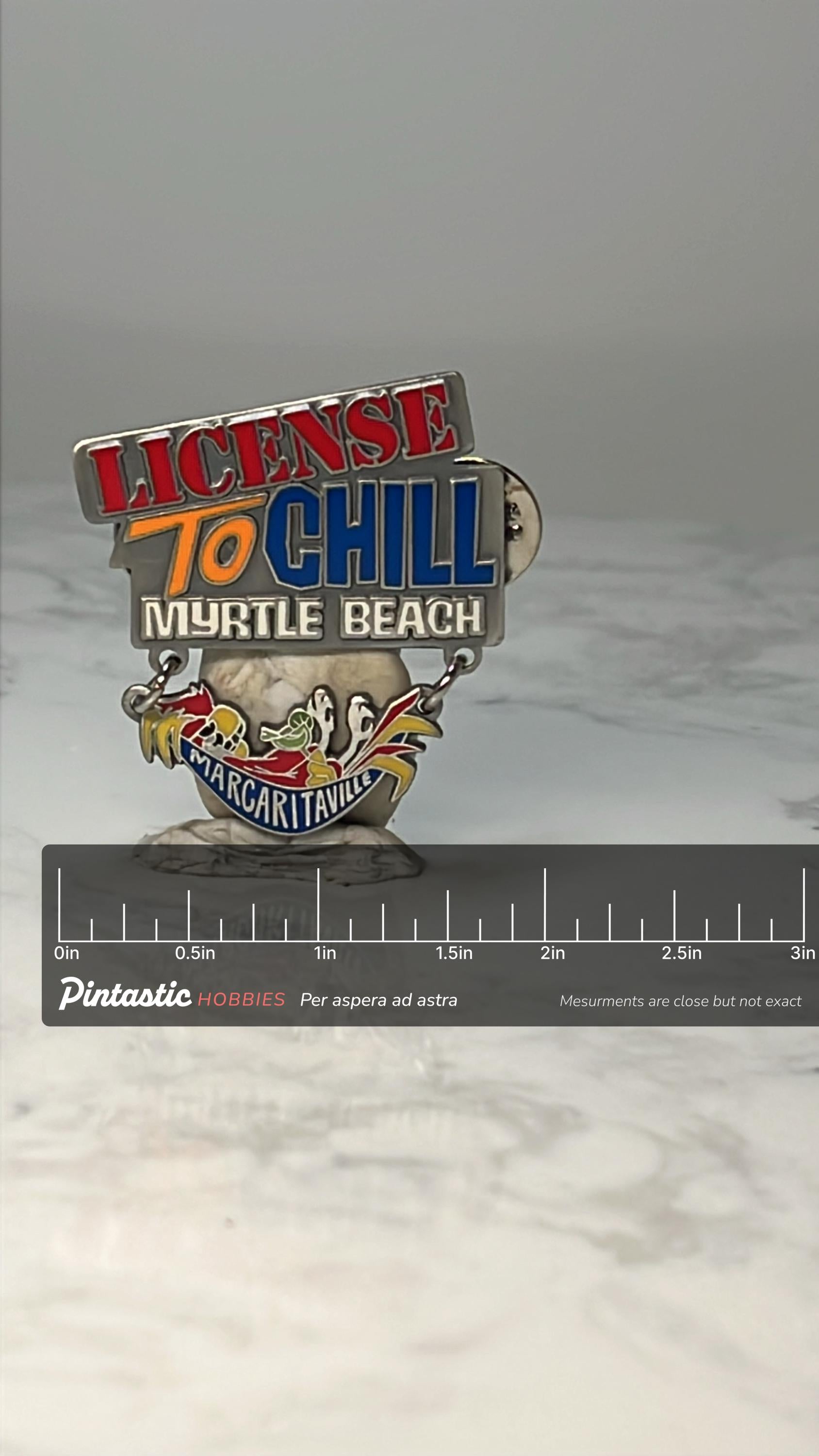 Vintage License to Chill Enamel Pin: Colorful Dangle - Beach Bar Souvenir with ruler overlay for size reference