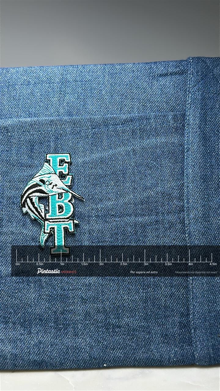 Vintage EBT Marlin Fish Patch: Teal Embroidered - Fishing Club Accessory with ruler overlay for size reference