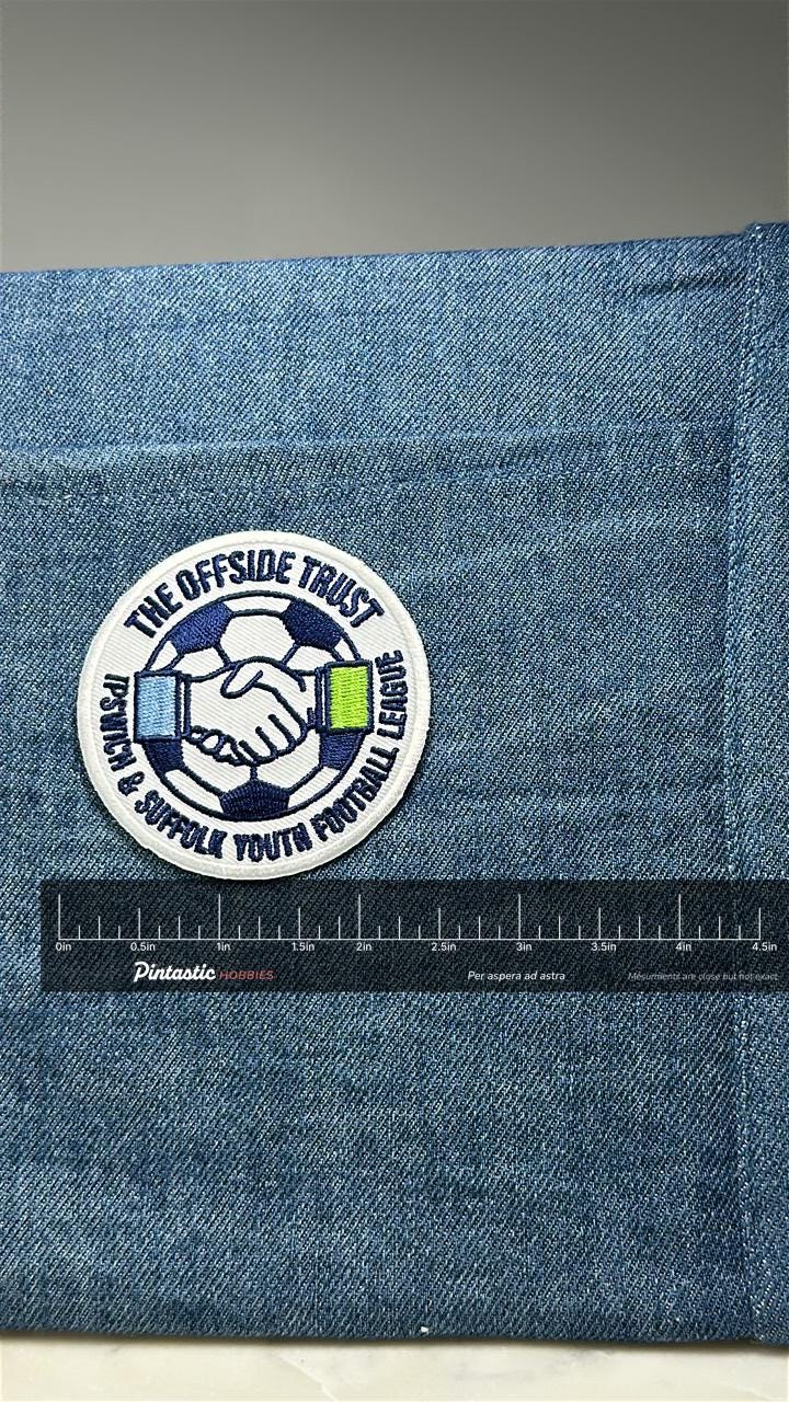 Vintage Offside Trust Football Patch: Blue Colored - Youth League Accessory with ruler overlay for size reference