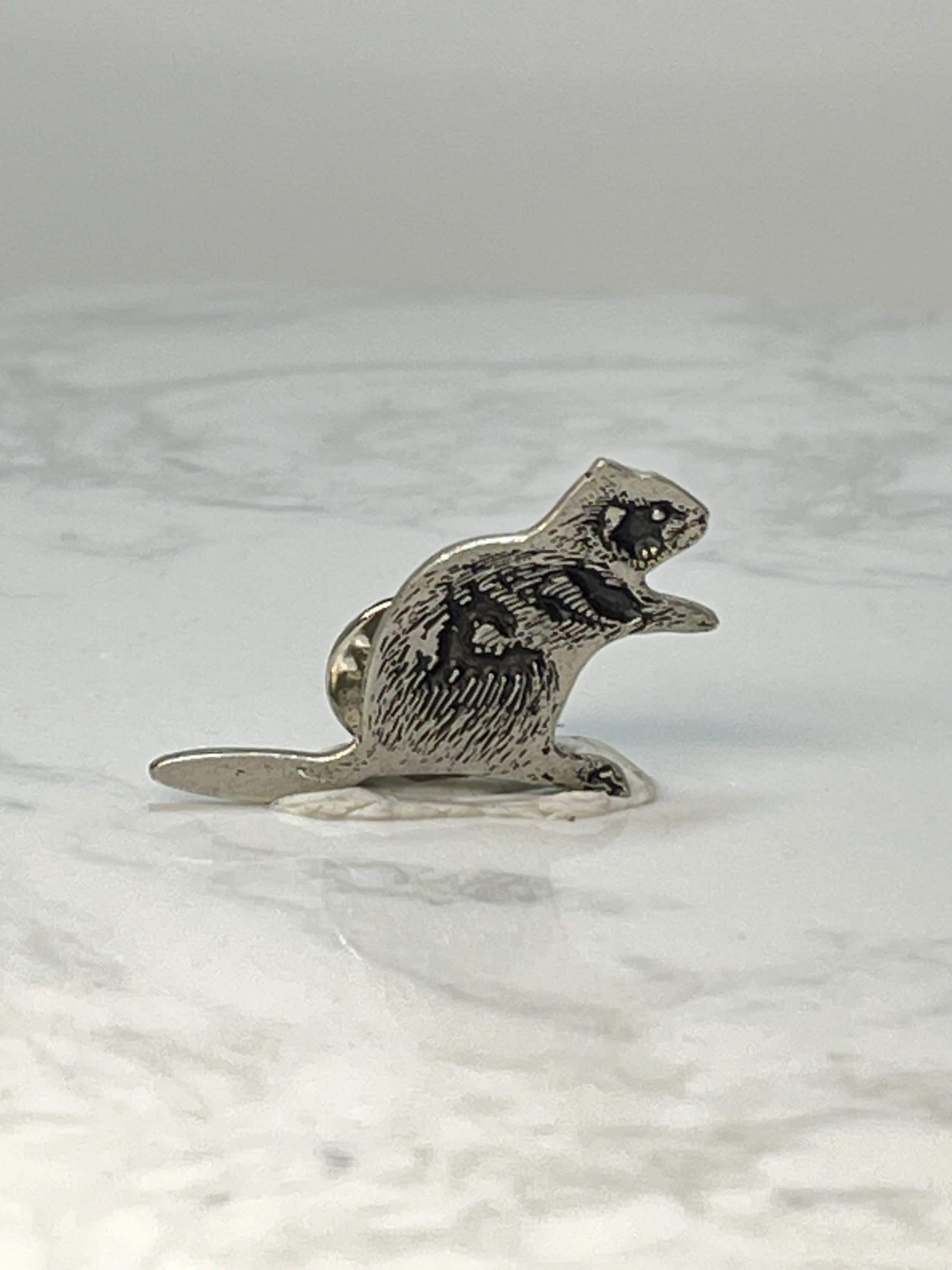 Vintage Beaver Enamel Lapel Pin: Silver Tone - Wildlife Accessory