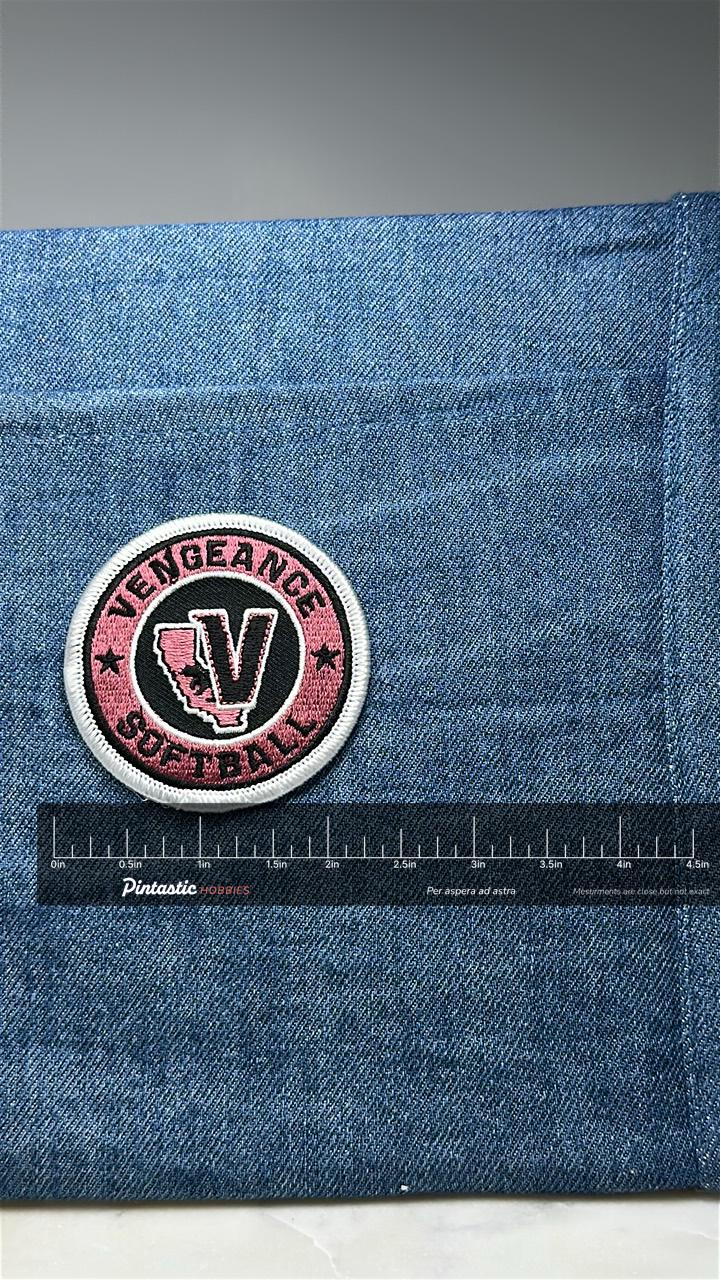 Vintage Vengeance Softball Patch: Pink & Black Embroidered - Team Spirit Accessory with ruler overlay for size reference