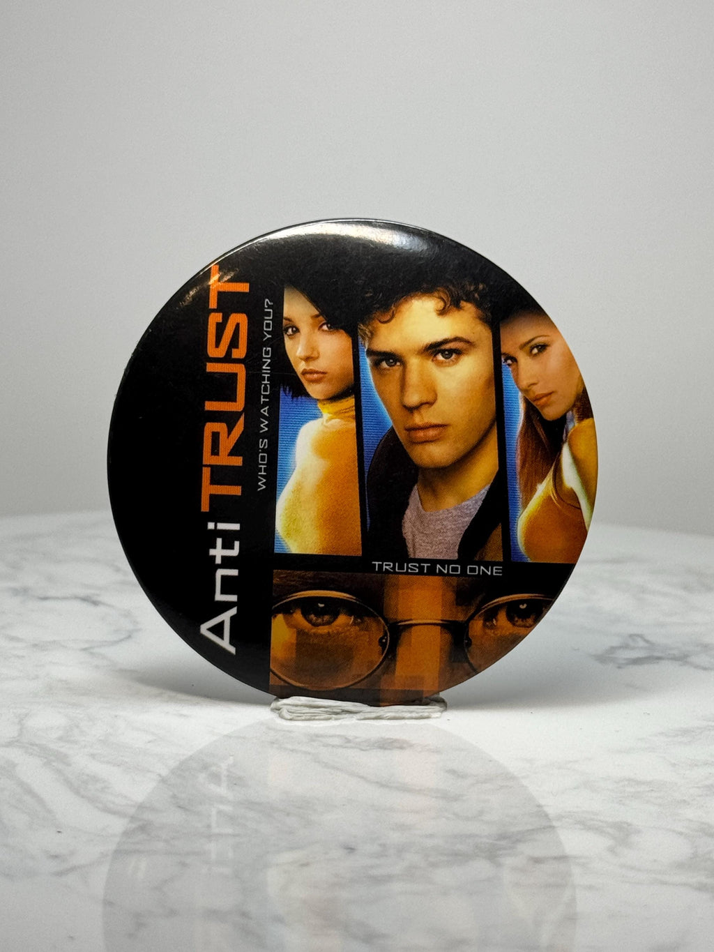 Vintage Antitrust Movie Pin: Glossy Photo Button - 2000s Thriller Accessory