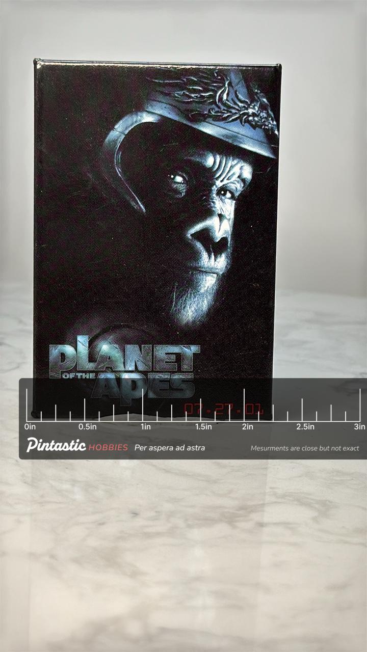 Vintage Planet of the Apes Pin: Dark Glossy Finish - 2001 Movie Promo Accessory with ruler overlay for size reference