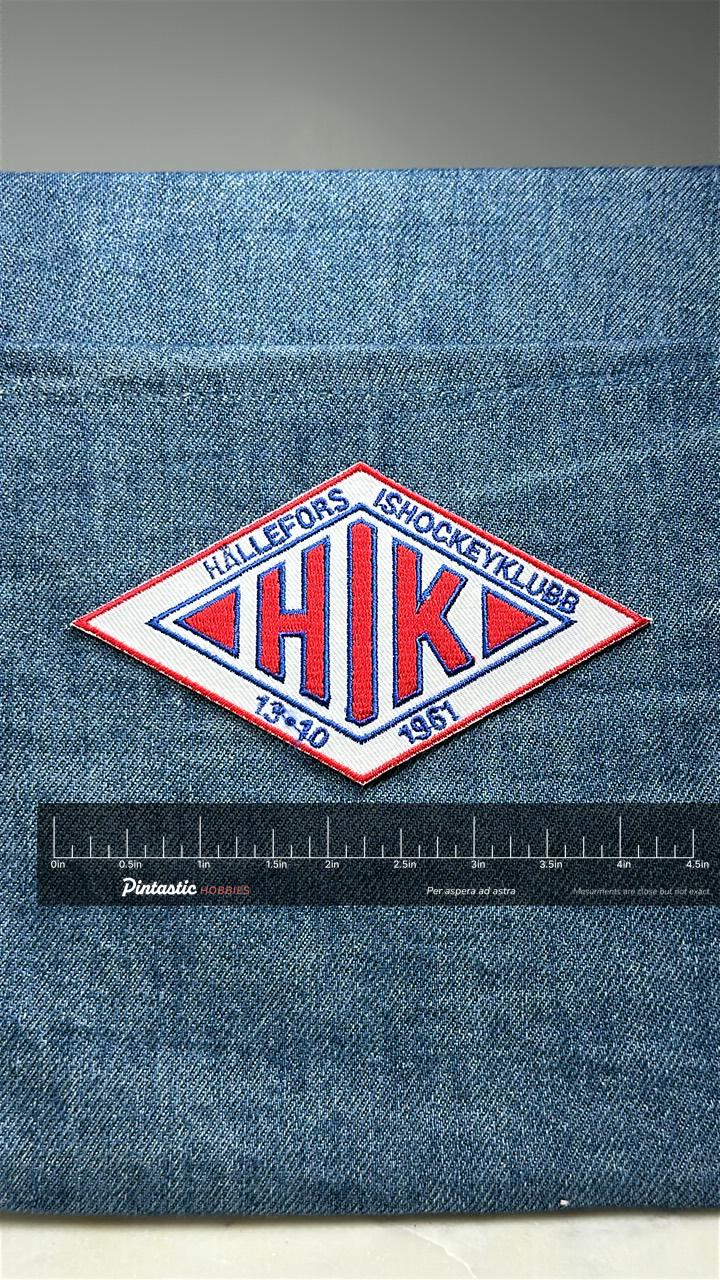 Hällefors Hockey Club Patch: Red White Blue - Vintage Sports Accessory with ruler overlay for size reference