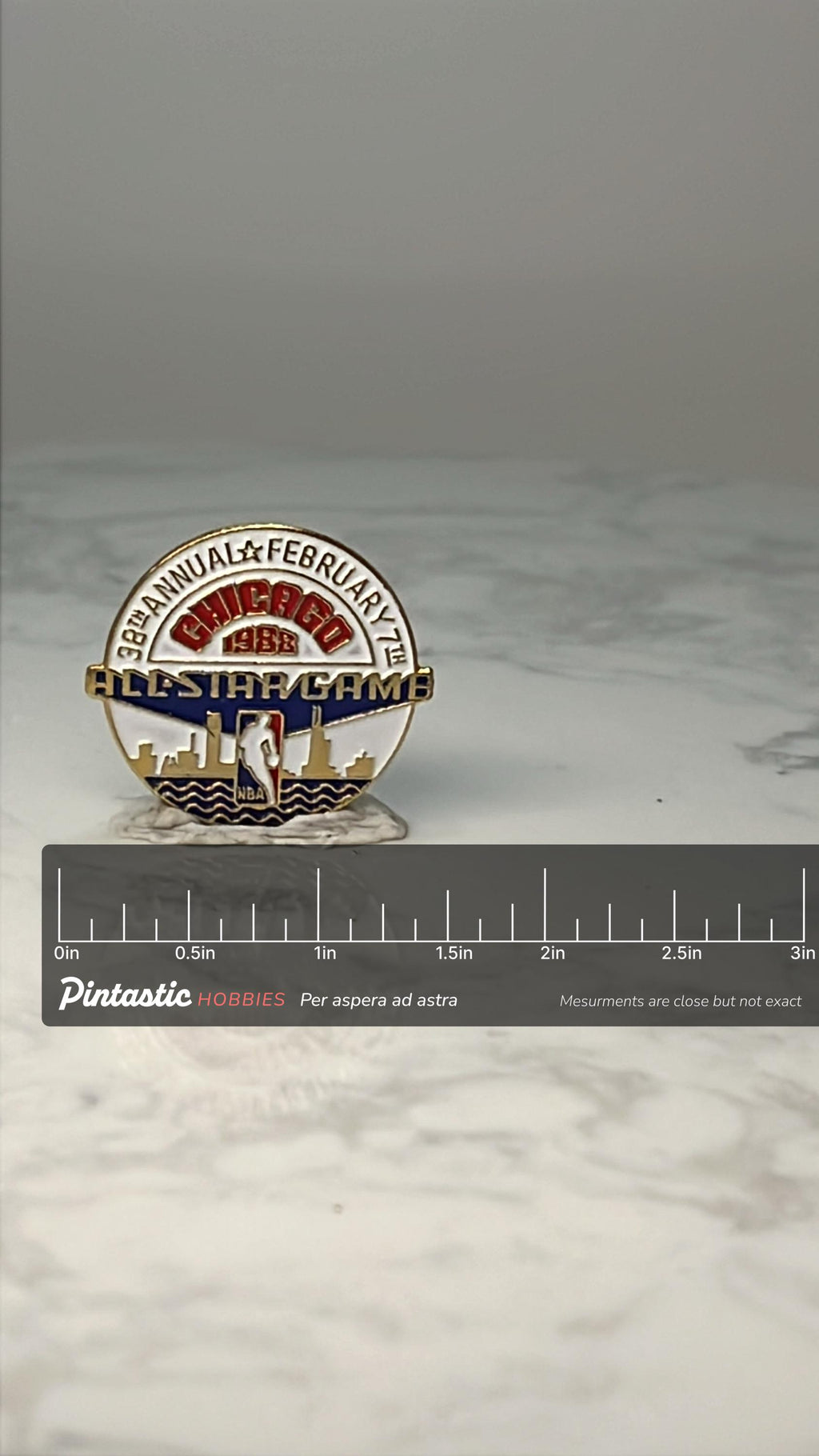 Vintage NBA All Star Game Pin: Gold Enamel - 1988 Chicago Accessory with ruler overlay for size reference