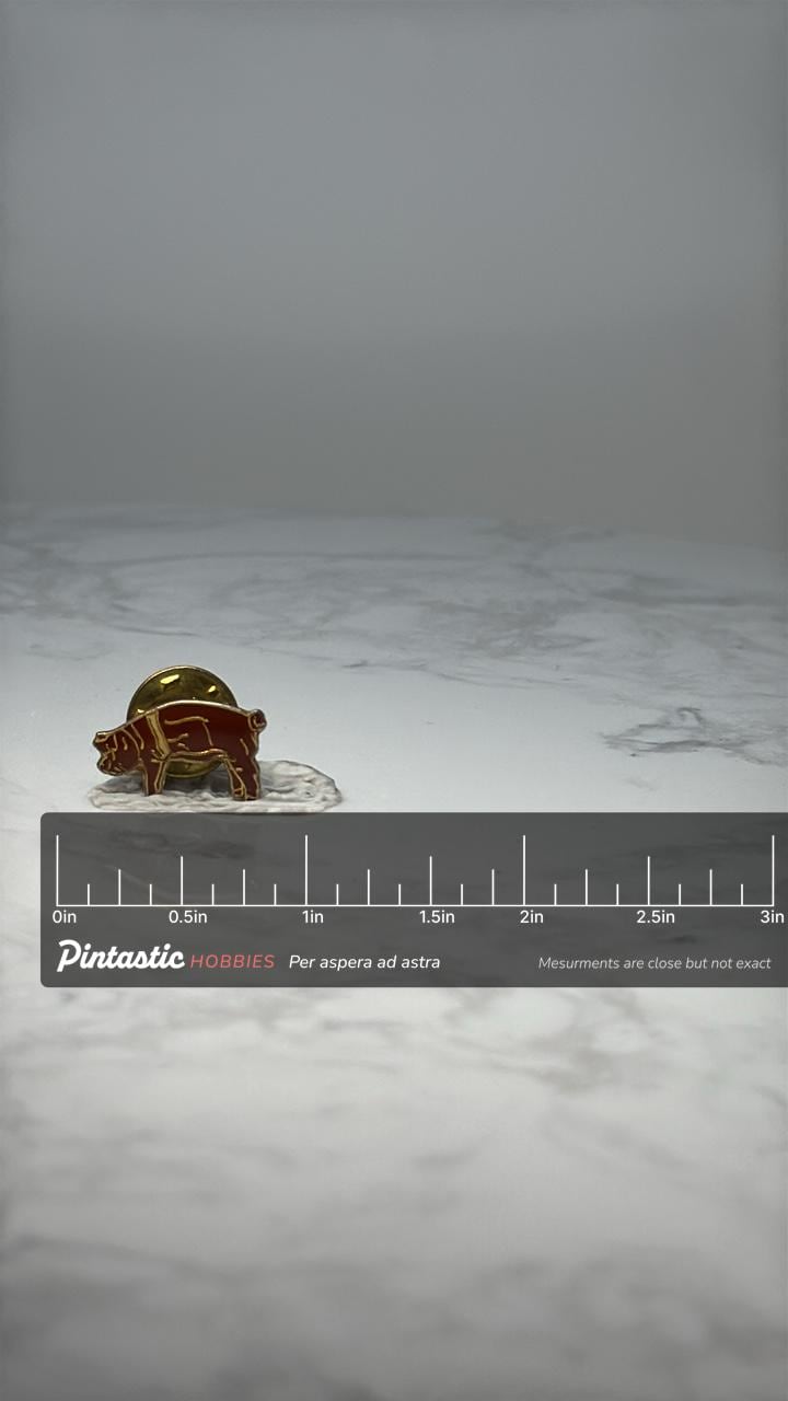 Vintage Pig Enamel Pin: Red & Gold Tone - Farm Animal Accessory with ruler overlay for size reference