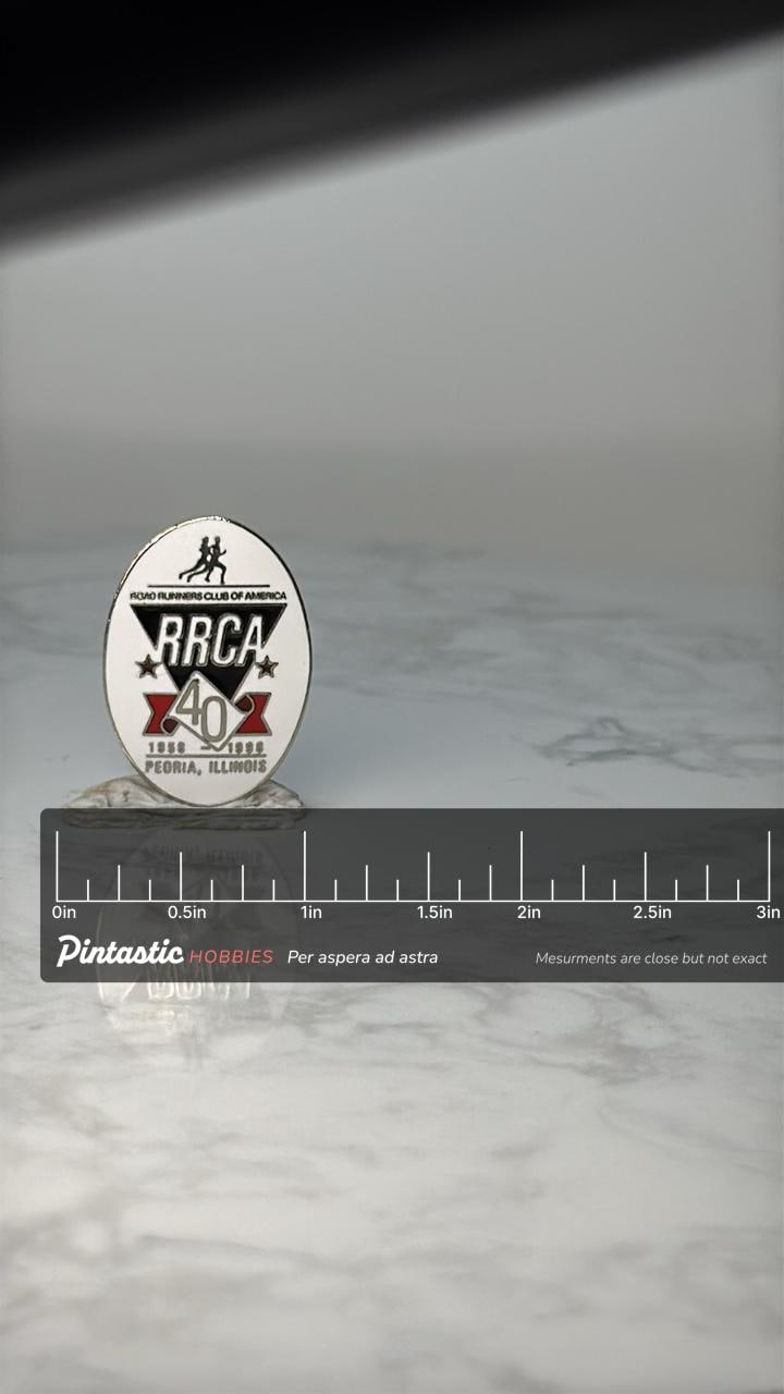 Vintage RRCA 40th Anniversary Lapel Pin: Enamel - 1998 Running Event Accessory with ruler overlay for size reference