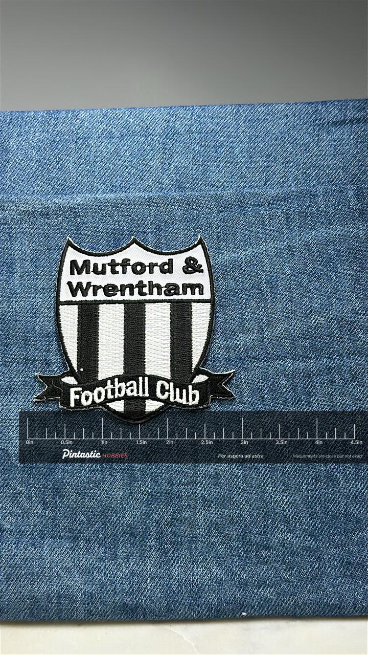 Mutfard & Wrentham Football Club Patch: Black White Shield - Soccer Accessory with ruler overlay for size reference