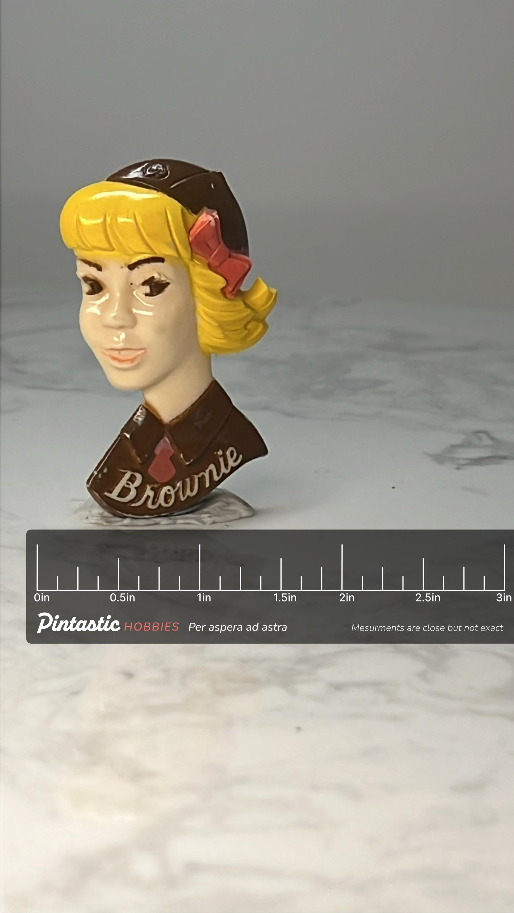 Vintage Girl Scout Brownie Figural Pin: Enamel Portrait - Youth Organization Accessory with ruler overlay for size reference