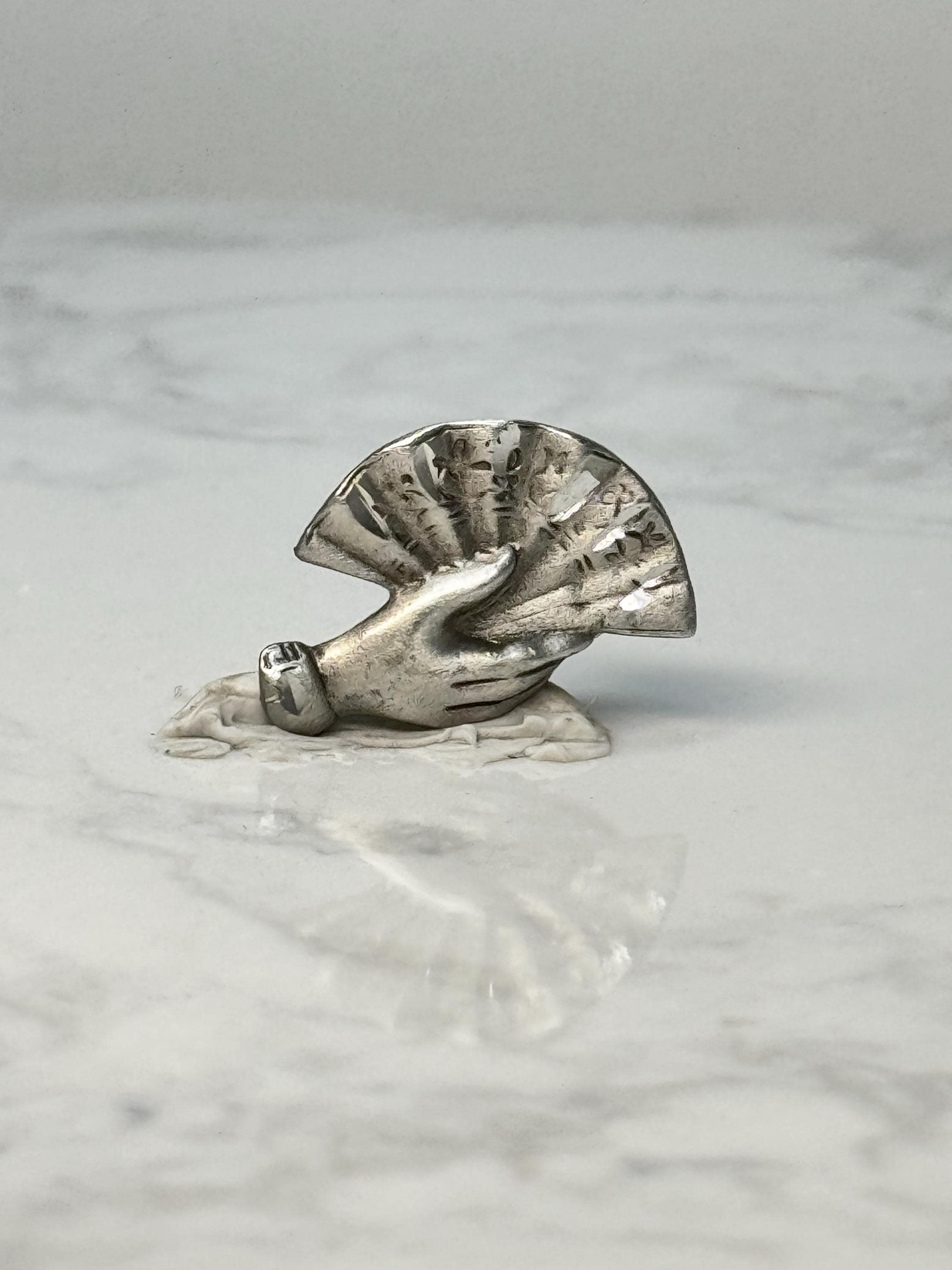 Vintage Hand with Fan Pin: Silver Tone Figural - Art Deco Style Accessory