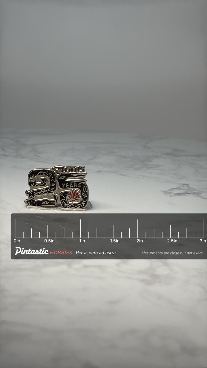 Vintage Lotus 25 Years Enamel Pin: Silver Tone - Anniversary Accessory with ruler overlay for size reference