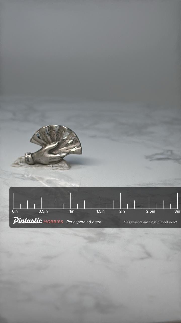 Vintage Hand with Fan Pin: Silver Tone Figural - Art Deco Style Accessory with ruler overlay for size reference