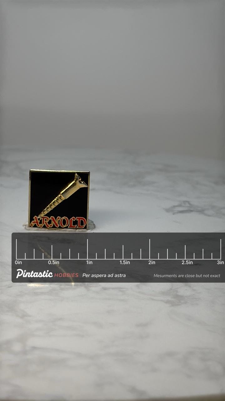Arnold Screw Pin Vintage Fastener Hardware Advertising Enamel Pin Tool Industry Lapel Pin with ruler overlay for size referen