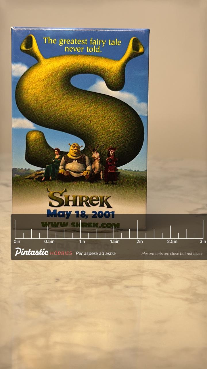 Vintage Shrek Movie Promo Pin: Color Enamel - 2001 Film Accessory with ruler overlay for size reference