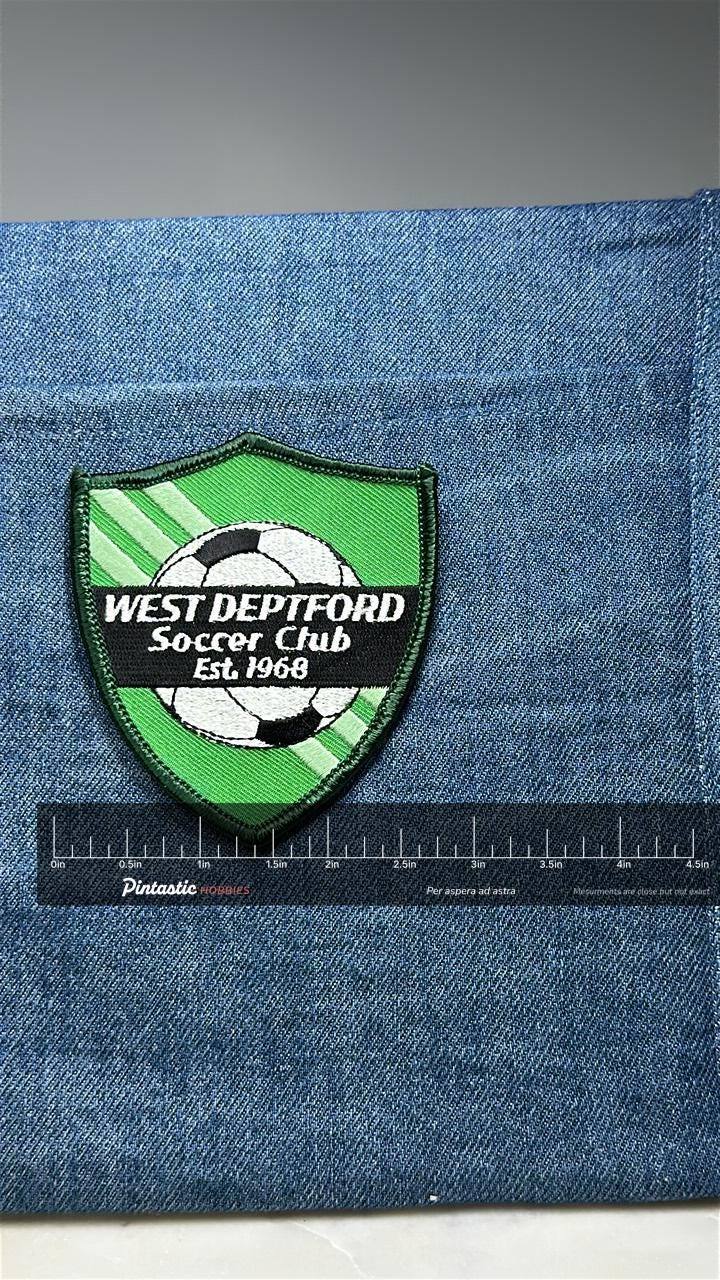 West Deptford Soccer Club Patch: Green Shield - Est 1968 Sports Accessory with ruler overlay for size reference